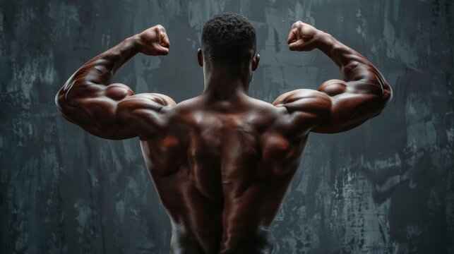 A muscular man flexing his back muscles, showcasing strength and definition under dramatic gym lighting..