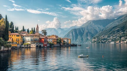 Scenic view of a colorful lakeside village with mountains, serene water, and a boat on Lake Como, Italy..