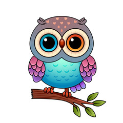 cute owl character for kids print. bird sitting on a branch. vector illustration on white background