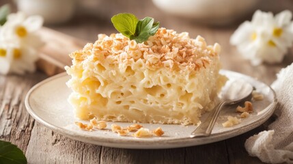 Creamy noodle dessert with mint and crumbled topping on rustic wooden table