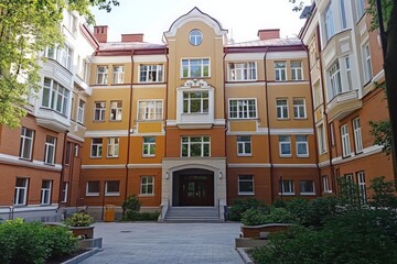 Naklejka premium Vintage residential building surrounded by trees in a quiet urban neighborhood during daylight