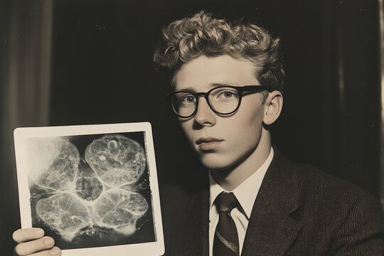 Young scientist presents research finding with a scientific image in a laboratory setting during the mid-20th century
