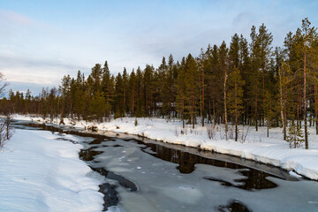 Fototapeta premium Beautiful winter landscape in Finnish Lapland around Akaslompolo, Finland