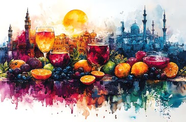 Vibrant Watercolor Cityscape with Wine Glasses and Assorted Fruits
