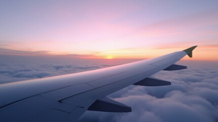 Obraz premium Airplane Wing Above the Clouds at Sunset
