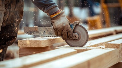 A focused shot of a carpenter using a circular saw to cut timber beams on a construction site, Timber construction scene, Skilled and precise style