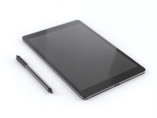 Tablet device with a blank screen, with a stylus on the side, placeholder for mockup, isolated on a white background