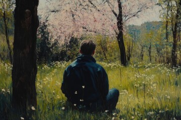 A lone figure enjoys the calmness of a blooming landscape, surrounded by flowering trees, embodying peace, solitude, and a connection with nature's beauty.