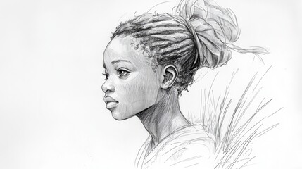 Fototapeta premium Detailed sketch of young african female with braided hair in profile view