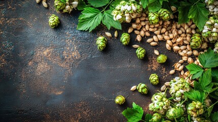 Fresh Hops and Barley Grain on Rustic Dark Background for Brewing