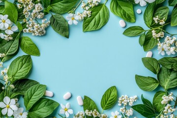 Naklejka premium Herbal Medicine Nature's Pharmacy, White Flowers Green Leaves Frame, Pastel Blue Background, Alternative Healthcare Concept