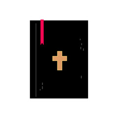 Obraz premium Black book with a gold cross and red bookmark resting on a white surface
