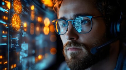 A man wearing glasses is looking at a computer screen with a headset on