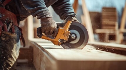 A focused shot of a carpenter using a circular saw to cut timber beams on a construction site, Timber construction scene, Skilled and precise style
