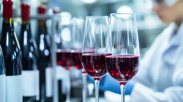Wine quality control in a laboratory with glasses and bottles of red wine in focus