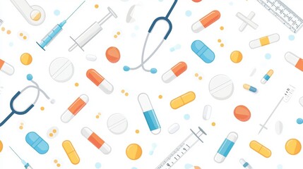 Medical tools and medications scattered across a white background for health and wellness context. Generative AI
