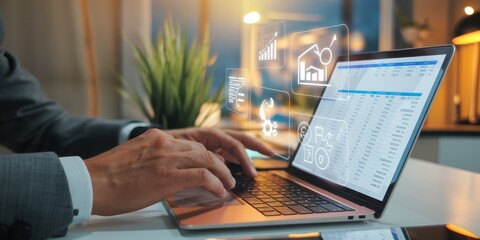 Businessman Analyzing Data on Laptop, Financial Analytics, Data Visualization, Modern Workplace, Digital Technology,  Financial Report, Business Strategy