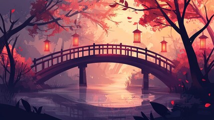Obraz premium Sundown at the tranquil bridge surrounded by autumn trees and lanterns in a serene landscape. Generative AI