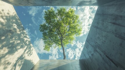A tree is growing in a window. The tree is green and has leaves. The sky is blue and there are clouds in the sky