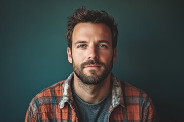 Obraz premium Portrait of a Young Man with a Beard in a Flannel Shirt Against a Dark Background