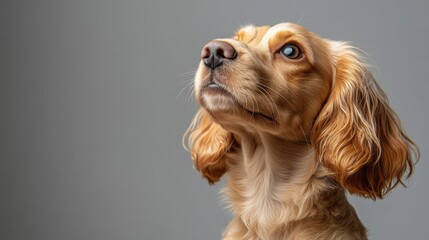 Portrait of adorable cocker spaniel puppy looking up on gray background