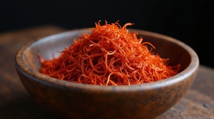 Fototapeta premium Close-up of Dried Saffron Threads in a Wooden Bowl
