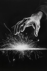 Fototapeta premium A pencil sketch of an iconic static electricity scene, depicting a realistic hand reaching toward an intense burst of electric sparks against a dramatic dark background