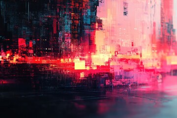 Digital glitch effects with distorted patterns, creating a chaotic and fragmented composition with vibrant, broken visuals