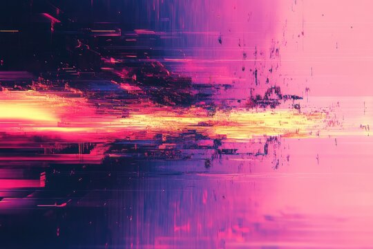 Digital glitch effects with distorted patterns, creating a chaotic and fragmented composition with vibrant, broken visuals