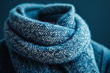 Obraz premium Luxurious Blue Herringbone Wool Scarf Close-up Texture Detail