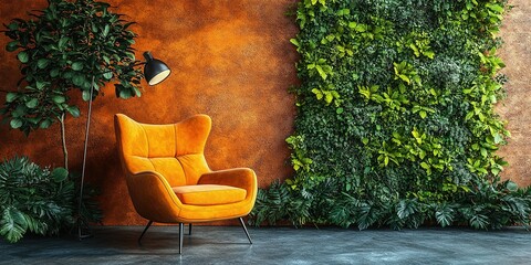 Bright orange chair complements lush greenery in modern interior design setting