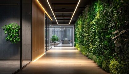 Office hallway with linear LED lighting and greenery accents, creating a modern and refreshing space
