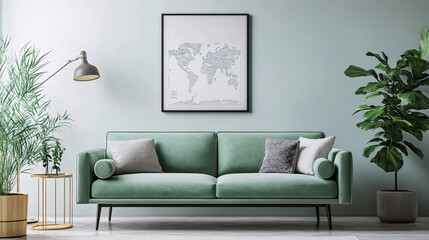A stylish Scandinavian living room featuring a mint-colored sofa and elegant decor, ready for poster mockups.