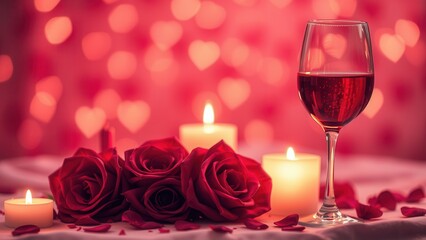 Romantic background with wine, candles and rose petals.