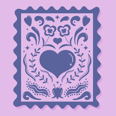 Y2K-style valentine in the form of a stamp with abstract patterns, a heart, leaves and flowers