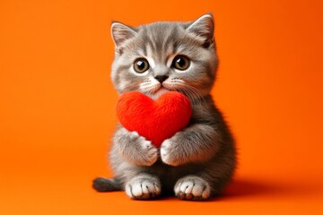 Obraz premium Cute scottish fold young cat with fluffy red heart - sign of love, funny greeting card. Digital ads concept art. Scottish fold - my treasured cat. February 14 heart animal. Love pet theme.