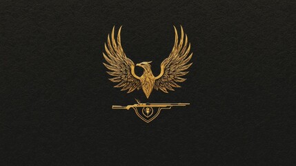 Symbolic eagle emblem displayed in gold against a dark background with weapon elements indicating power and strength. Generative AI