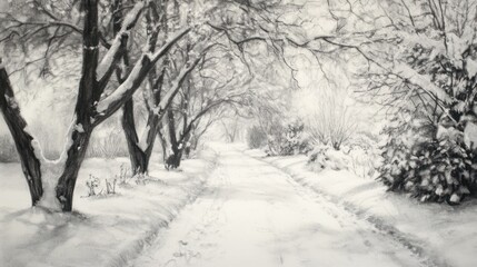 Snowy path through winter trees, tranquil scene, winter wonderland postcard