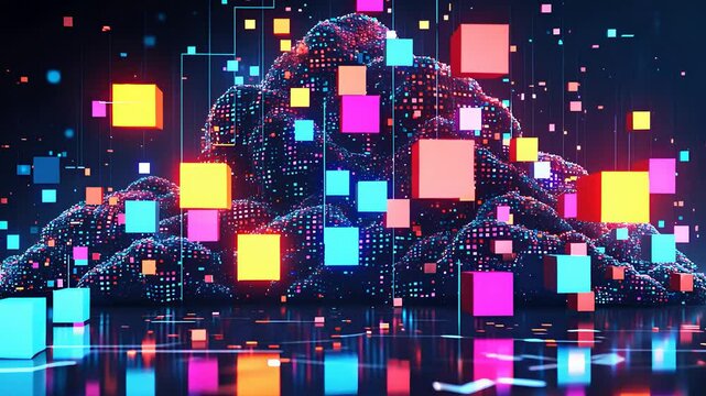 Futuristic Cloud Computing Concept with Digital Data Blocks and Glowing Neon Elements in a Cyber Network

