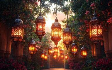 Obraz premium Illuminated Lanterns Along Enchanting Garden Pathway at Dusk