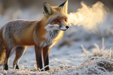 Naklejka premium A wild red fox stands alert in a frost-covered field at dawn. Its breath is visible in the crisp air, highlighting the serene beauty of the cold morning