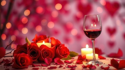 Romantic background with wine, candles and rose petals.