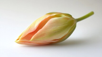 The flower is in bud, featuring pink and yellow petals that indicate the start of its blooming cycle. This close-up shot showcases the intricate details of the plant's floral structure.