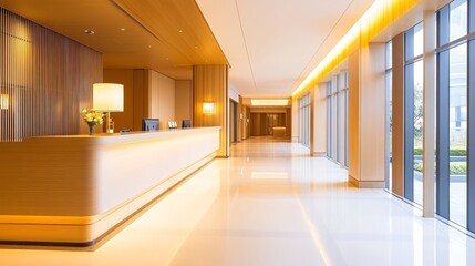 Obraz premium Modern hotel lobby with wooden reception desk, elegant lighting, and spacious corridor leading outside