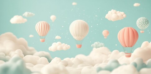 Fototapeta premium Pastel Hot Air Balloons Float Above Fluffy Clouds