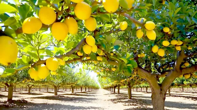 lemons and green leaves are illuminated by the sunlight filtering through. 4k Video. generated with AI