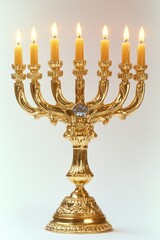 Beautiful gold menorah with seven candles.