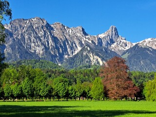Swiss green mountains, spring. Snowy mountains in spring. Green hills. The Swiss mountains.