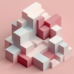 Obraz premium A pink and white cube structure with pink blocks. The pink blocks are scattered throughout the structure, creating a sense of depth and dimension. Scene is playful and whimsical