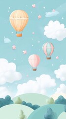 Fototapeta premium Pastel Hot Air Balloons Floating Above Rolling Hills